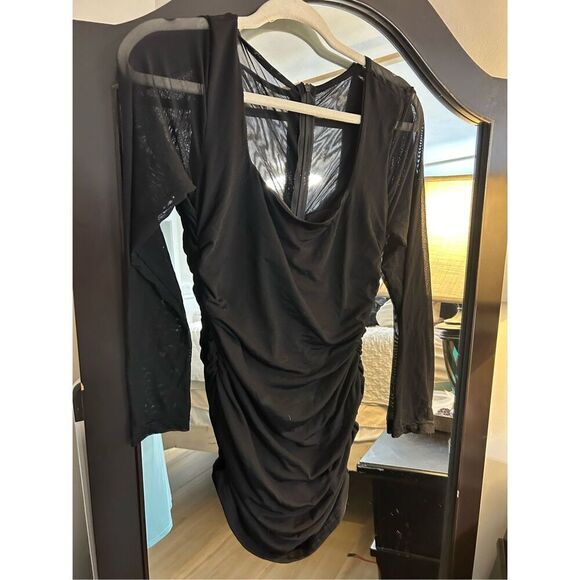 New Black Ruched Bodycon Square Neck Mini Dress S - Picture 3 of 3